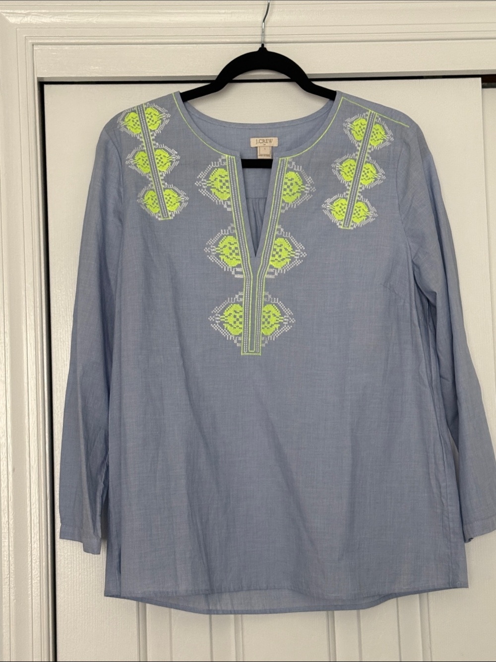 J. Crew Light Blue Tunic Top with Neon Yellow Embroidery